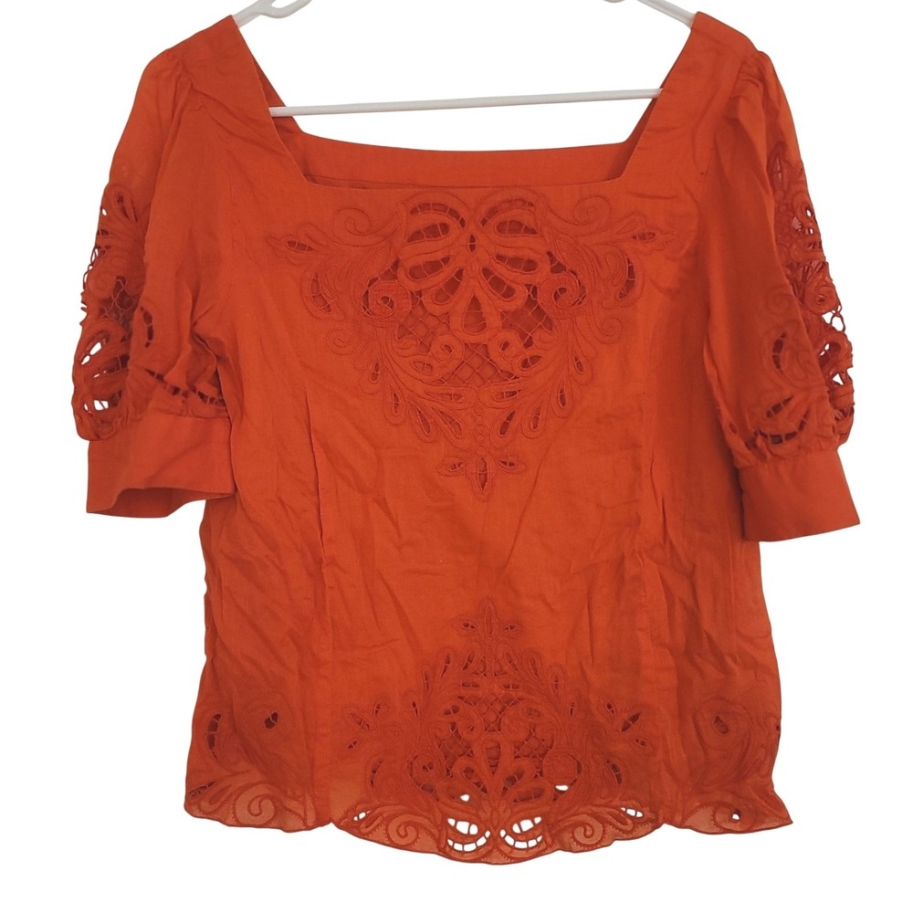 Anthropologie Burnt Orange Eyelet Square-Neck Blouse